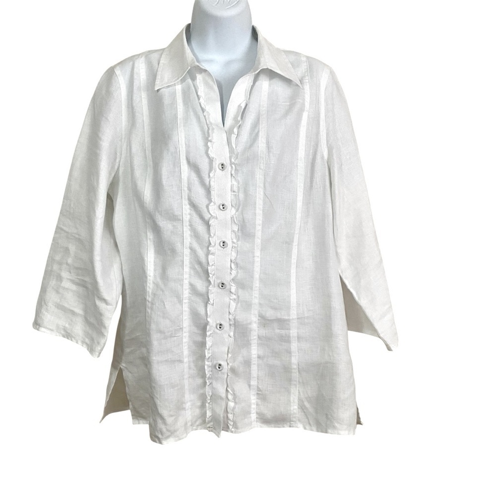 Linen White Button Up Shirt Size Large Boho Cottage Ruffled Side Slit Neutral